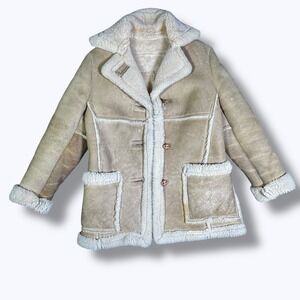 Vtg 70s SCHOTT NYC Sheepskin Coat Tan USA Made Size 10 Western Boho Winter Fur